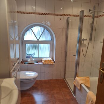 Das Badezimmer in der Superior Suite mit orangenem Boden und Dusche und Badewanne.